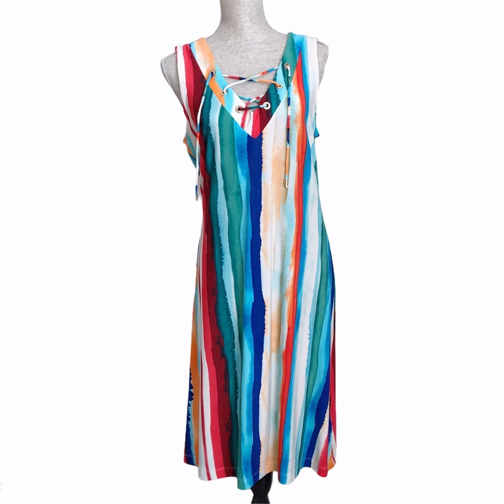 Philosophy Sleeveless Lace Up Jersey Dress Stripe Tank Shift Dress Large